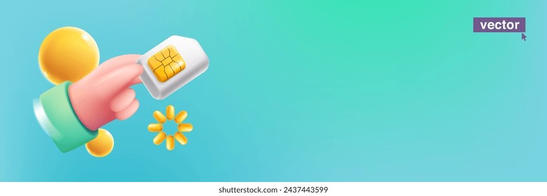 Hand holding mobile phone SIM card with golden chip in neumorphism style. Realistic 3D isometric cartoon render. Fun vector banner template for online cell app, NFC payment password, wireless network.
