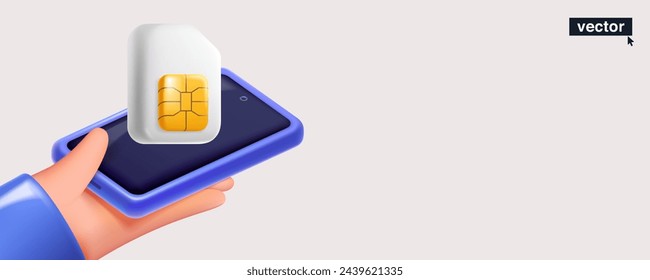 Hand holding mobile phone with SIM card with golden chip in neumorphism style. Realistic 3D isometric cartoon render. Fun vector banner template for cell app, NFC payment password, wireless network.