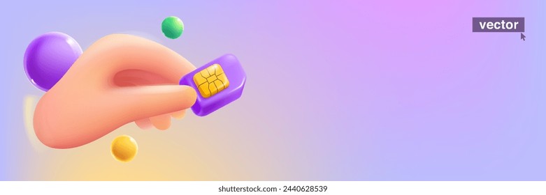 Hand holding mobile phone SIM card with golden chip in neumorphism style. Realistic 3D isometric cartoon render. Fun vector banner template for online cell app, NFC payment password, wireless network.