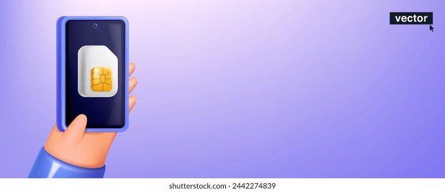 Hand holding mobile phone with SIM card with golden chip in neumorphism style. Realistic 3D isometric cartoon render. Fun vector banner template for cell app, NFC payment password, wireless network.