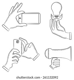 hand holding mobile phone, sketch hand gestures 