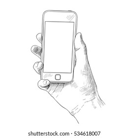 Hand Holding Mobile Phone, Sketch Vector Illustration