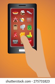 Hand holding mobile phone with software applications web icons on touch screen display. Vector cartoon illustration isolated on orange background.