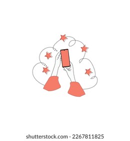 Hand holding mobile phone with stars. Vector illustration in flat style.