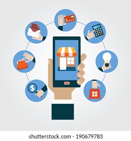  Hand holding a mobile phone surrounded by e-commerce icons. Set of modern design icons in flat design with trendy colors for web and apps. Vector e-shopping concept - start up infographic design 