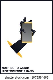 The hand is holding a mobile phone. Symbol of hacking of personal data. Black and white minimal illustration. Vector template 