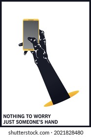 The hand is holding a mobile phone. Symbol of hacking of personal data. Black and white minimal illustration. Vector template 