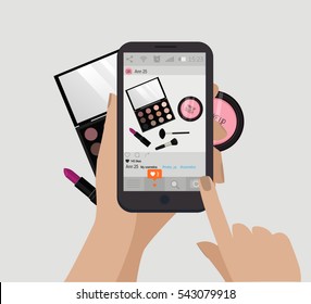 Hand holding mobile phone and take photo. Vector illustration, eps10. Photo of nail  polish, mascara, lipstick, brushes, powder, blush, eye and lips pencil, concealers, eye shadows.
