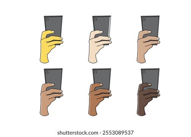 Hand holding a mobile phone is taking a picture, with various skin tones Vector illustration.