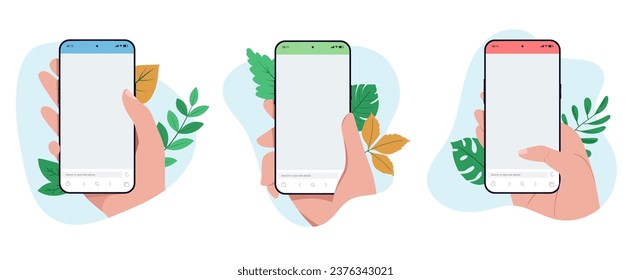 Colección de plantillas de teléfonos móviles de mano - Conjunto de ilustraciones vectoriales de smartphone con navegador vacío en pantalla, follaje y hojas y plantas decorativas, aisladas en fondo blanco