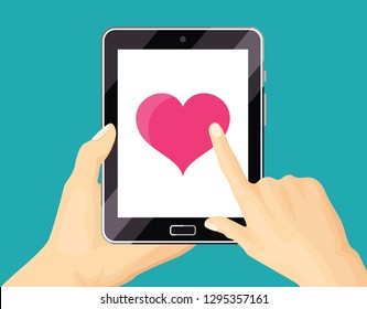 Hand holding mobile phone with touch screen. Sending message with heart.
Vector illustration in cartoon flat style.