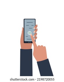 La mano está sosteniendo un teléfono móvil. Pantalla táctil, botón correcto para presionar. Ilustración vectorial en un estilo plano
