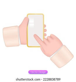 Hand holding mobile phone and touching screen with finger isolated on white background. Phone mockup for social media, mobile app or smartphone template. 3d vector illustration.