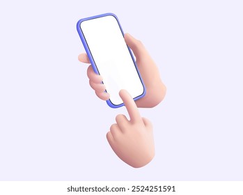 Mão segurando o telefone celular e mão tocando tela branca em fundo roxo. Comunicação, mídias sociais. Tecnologia online, Internet. Mão usando maquete de telefone celular. Ilustração do vetor 3D