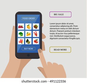 Hand holding mobile phone and touching screen. Food order. Buy now, food order button. Vector illustration 10 eps. Online food shopping. E-commerce concept.