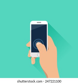 Hand holding mobile phone with turquoise background. Flat design style