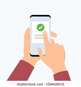 Hand holding mobile phone to use application check concept.