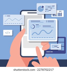 Hand holding mobile phone and using app,view data.Vector 
 illustration for websites and banner