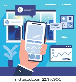 Hand holding mobile phone and using app,view data.Vector 
 illustration for websites and banner