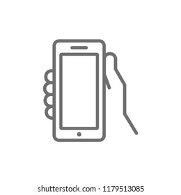 Hand holding mobile phone, vector illustration, smartphone icon