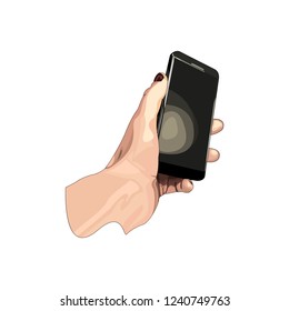 Hand holding mobile phone. Vector illustration on white background