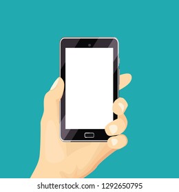 Hand holding mobile phone. Vector illustration of smartphone with empty white screen in flat style.