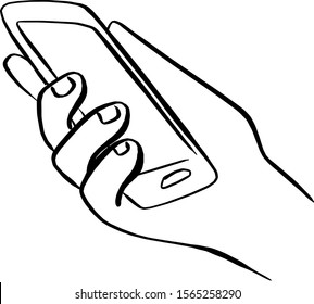 hand holding mobile phone vector illustration sketch doodle hand drawn with black lines isolated on white background