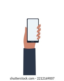The hand is holding a mobile phone. Vector illustration in a flat style. Copy space