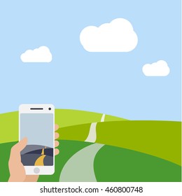 Hand holding mobile phone vector illustration