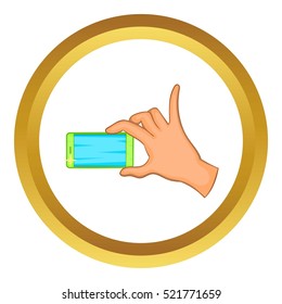 Hand holding mobile phone vector icon in golden circle, cartoon style isolated on white background