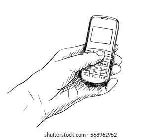 Hand holding mobile phone, Vector sketch, Hand drawn illustration isolated on white