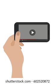 Hand holding mobile phone. Vector, eps10. Isolated on white. Video player on smartphone.