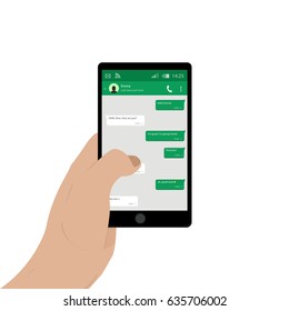 Hand holding mobile phone. Vector illustration. Social network concept. Vector. Messenger window. Chating and messaging concept. Green chat boxes.