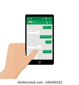 Hand holding mobile phone. Vector illustration. Social network concept. Vector. Messenger window. Chating and messaging concept. Green chat boxes.