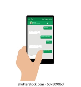Hand holding mobile phone. Vector illustration. Social network concept. Vector. Messenger window. Chating and messaging concept. Green chat boxes.