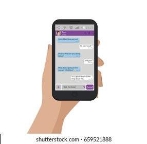 Hand holding mobile phone. Vector illustration. Chat concept. 
