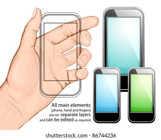 Hand holding mobile phone. Vector illustration. All main elements are on separate layers and can be edited as required