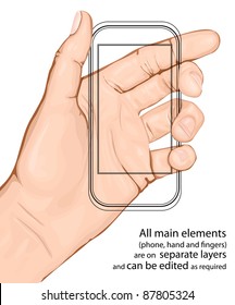 Hand holding mobile phone. Vector illustration. All main elements are on separate layers and can be edited as required