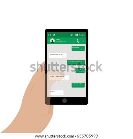 Hand holding mobile phone. Vector illustration. Social network concept. Vector. Messenger window. Chating and messaging concept. Green chat boxes.
