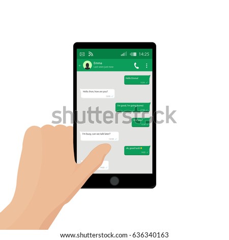 Hand holding mobile phone. Vector illustration. Social network concept. Vector. Messenger window. Chating and messaging concept. Green chat boxes.
