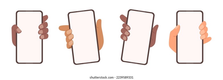Hand holding mobile phone vertically with blank screen, vector flat cartoon illustration. Female and male palm is touching smartphone display with thumb finger. Mobile phone empty display
