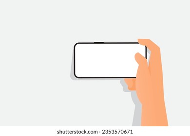 Hand, die das Handy vertikal hält, mit weißem Bildschirm in flachem Stil auf weißem Hintergrund. Schwarzes Smartphone-Blankobildschirm in weiblicher oder männlicher Hand für Banner. Flaches Design einzeln. Vektorgrafik