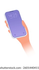 Hand holding mobile phone vertically. Modern smartphone the home screen with time numbers and a minimalistic interface.  Palm of hand touches display with thumb.  Frameless design, white background.