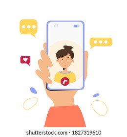 Hand holding mobile phone with video call from girlfriend. Communication and social networking concept. Vector illustration in flat style for web site, applications, banners