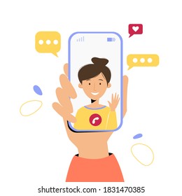 Hand holding mobile phone with video call from girlfriend. Communication and social networking concept. Vector illustration in flat style for web site, applications, banners