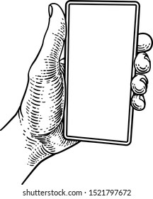  A hand holding a mobile phone in a vintage old woodcut etching style