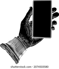  A hand holding a mobile phone in a vintage old woodcut etching style