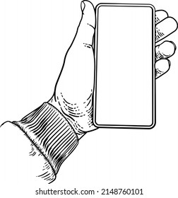 A hand holding a mobile phone in a vintage old woodcut etching style