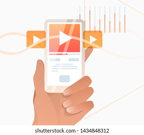 Hand holding mobile phone with watching video interface. Online player, audio wave, play button. Streaming concept. Vector illustration can be used for topics like broadcasting and video app