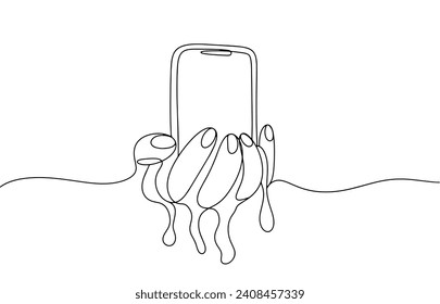 The hand is holding a mobile phone, which flows through the fingers. Metaphor of wasting time in gadgets. Vector illustration. Images produced without the use of any form of AI software at any stage. 